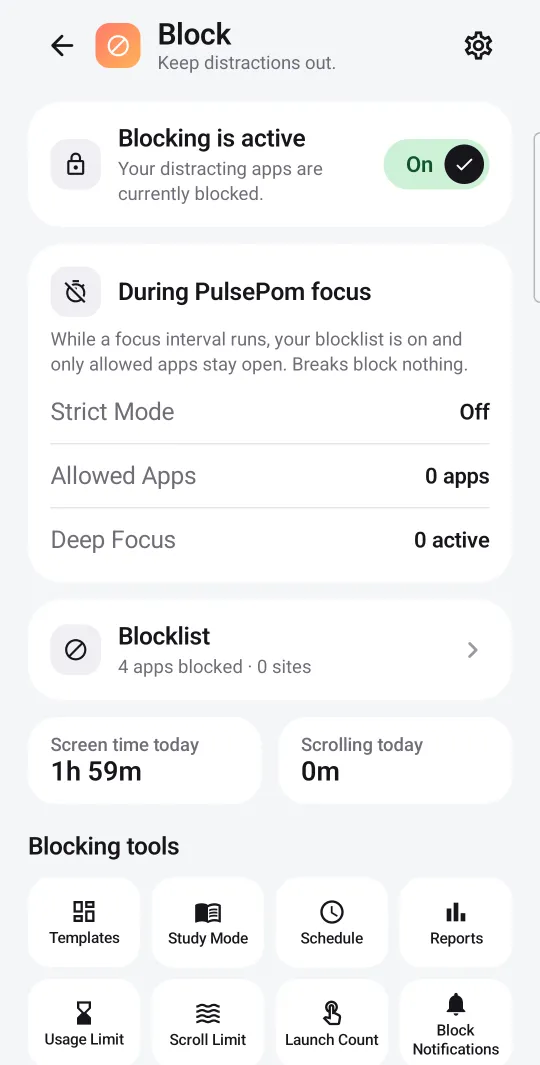 PulsePom's Block screen on Android: blocking during focus, the blocklist, screen time and blocking tools
