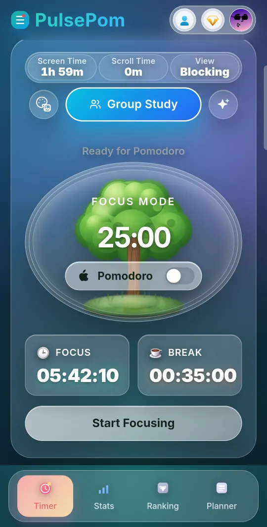 PulsePom's focus timer in the Android app, with screen time and scroll time above it
