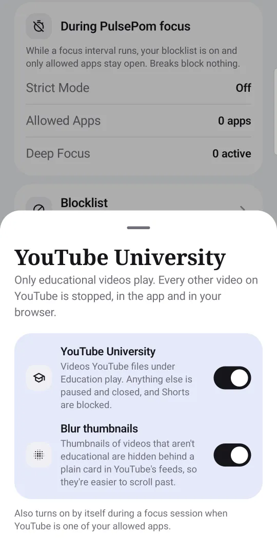 YouTube University in PulsePom's Android app: only educational videos play